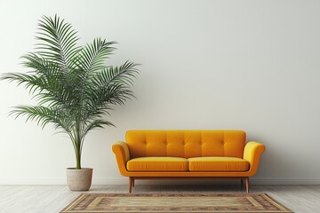Fototapeta premium Minimalist Interior Design Yellow Sofa, Indoor Plant, and Ample Copy Space on a White Wall