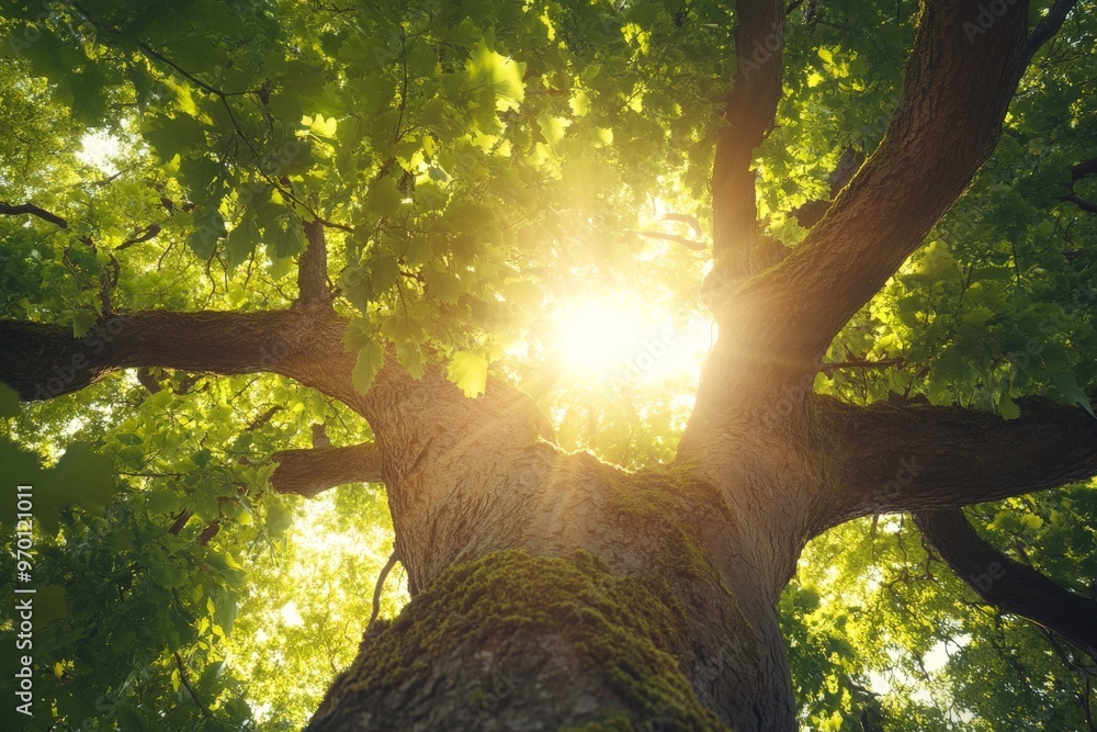 Poster A mesmerizing image of sunlight breaking through the dense canopy of a tree, highlighting the intricate patterns of leaves and branches, evoking a sense of wonder and tranquility.