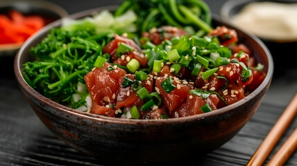 Fototapeta premium Tuna Poke Bowls Ceramic Bowls With Vintage Flat