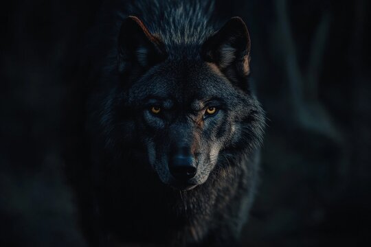 A wolf with sharp eyes piercing through the darkness, creating a mysterious and captivating aura, blending perfectly into the dim background.