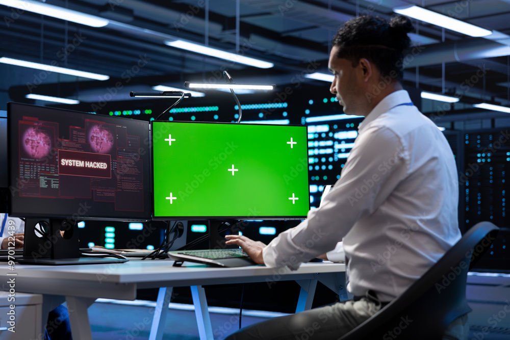 Poster it professional in server hub using mockup computer, trying to protect hardware from hacker. cyberse
