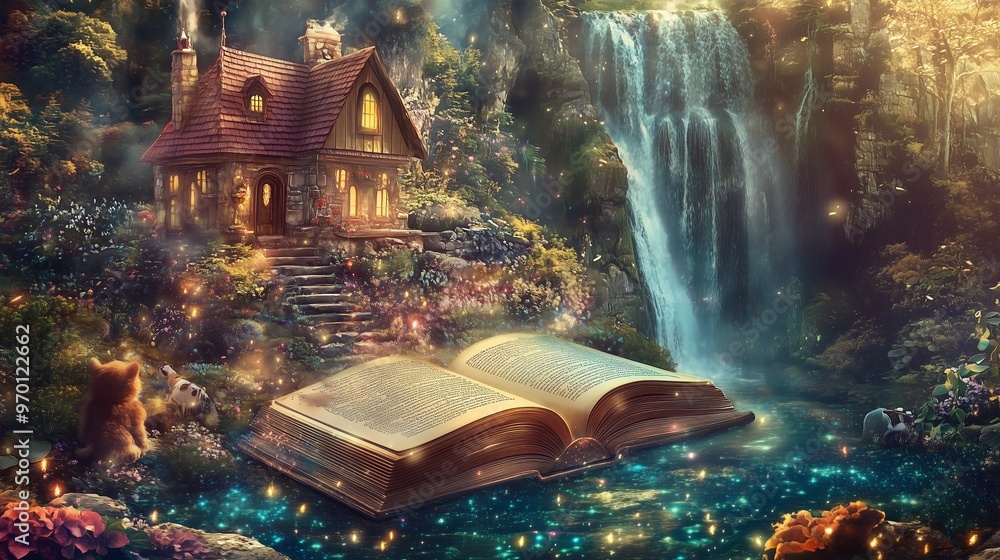 Poster enchanted cottage by a waterfall with an open book illuminated in a mystical forest during twilight