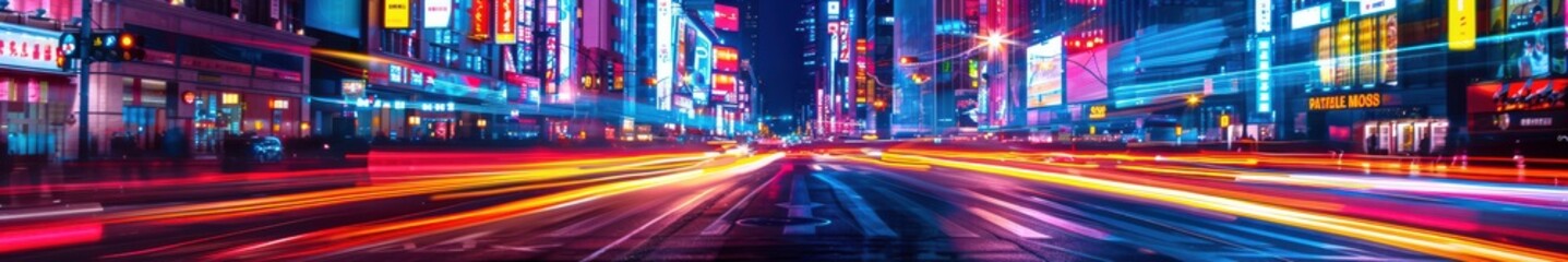 Naklejka premium Busy street at night illuminated by neon lights, with blurred car lights creating a dynamic urban scene. Free copy space for banner.