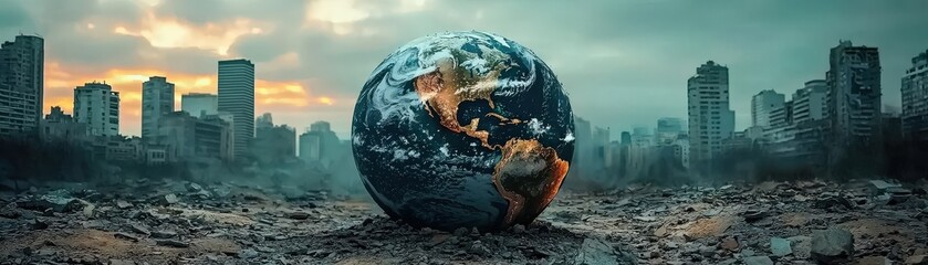 A damaged earth in a wasteland, showing the Americas engulfed by crumbling cities and decay, representing the tragic aftermath of environmental destruction.