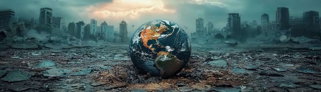 A damaged earth in a wasteland, showing the Americas engulfed by crumbling cities and decay, representing the tragic aftermath of environmental destruction.