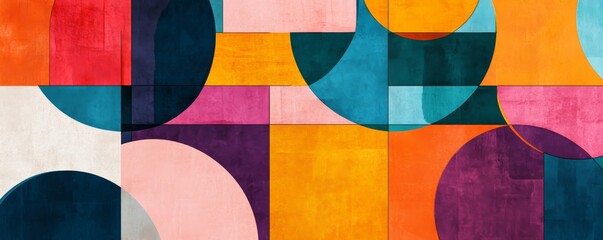 Colorful geometric abstract artwork with circles and rectangles, vibrant design concept