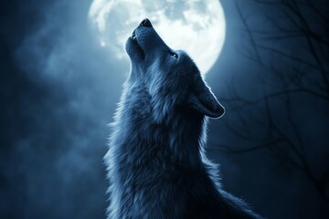 A lone wolf howls at the moon on a dark, misty night, surrounded by eerie blue tones and bare trees, capturing the essence of solitude and wild beauty.