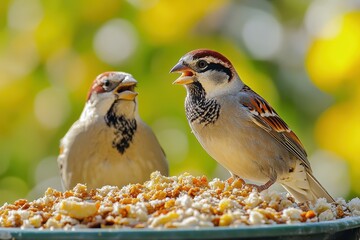 Fototapeta premium Male sparrows have black spots on chin throat and chest