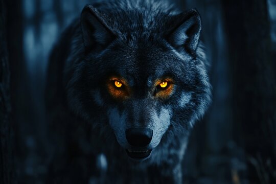 A close-up of a wolf with piercing orange eyes glowing in the dark, surrounded by the shadows of a dense forest, capturing the wild and mysterious nature of the wolf.