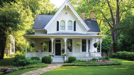White Victorian House with Porch and Lush Landscaping