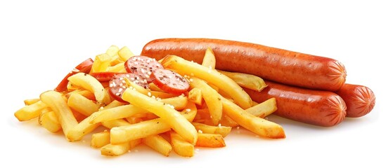 French Fries And Sausage On White Background Isolated