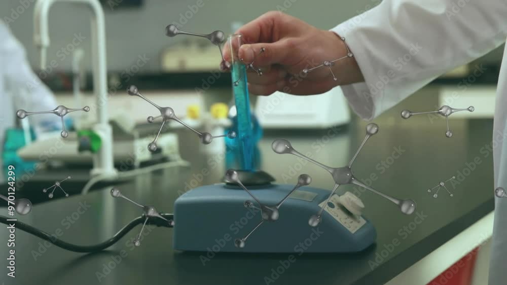 Poster animation of molecules and data processing over caucaslan male scientist in laboratory
