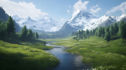 A winding river flows through a lush green valley, framed by towering snow-capped mountains and a vibrant forest.