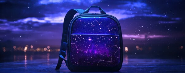 A sleek, celestial-themed backpack featuring glowing constellations, perfect for educational exploration and travel, with a cosmic background symbolizing boundless creativity.