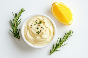 Mayo in circular dish on white background overhead view