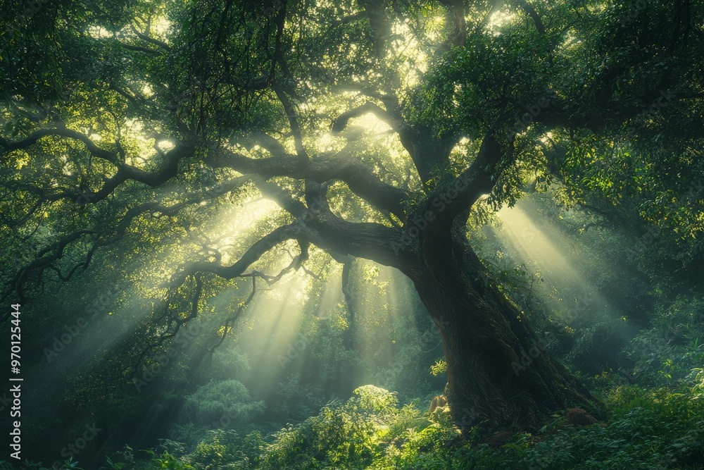 Poster A majestic tree with sunlight streaming through its branches, creating a serene and magical atmosphere. Captures the beauty of nature and tranquility of the forest.