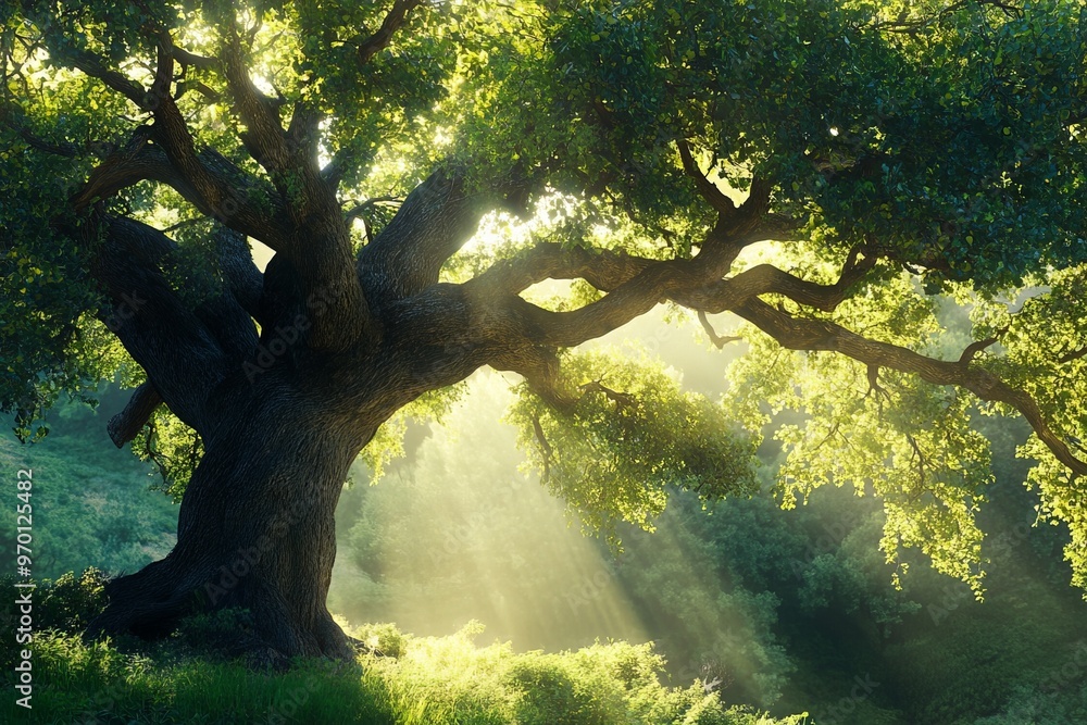 Poster an old tree with sprawling branches bathed in sunlight in a rural setting. it captures the essence o