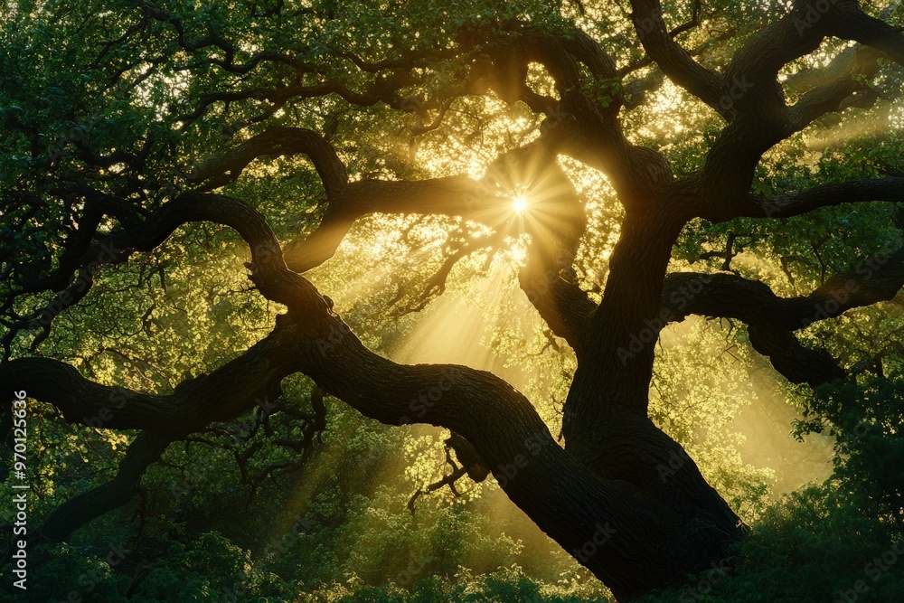Poster Light rays piercing through the branches of an ancient tree, creating an enchanting and captivating scene in the forest, showcasing nature's beauty and the passage of time.