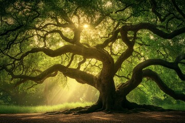 Fototapeta premium A forest tree with sprawling branches and a sunlit glow, creating a serene and peaceful environment. Emphasizes the tree's grandeur, age, and natural beauty in the wilderness.