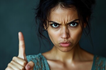 An intense image of a woman pointing her finger with a stern and disapproving expression, conveying a strong sense of seriousness and determination.