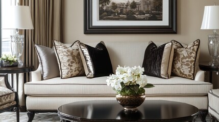 Elegant Living Room with White Sofa, Throw Pillows, and Flowers