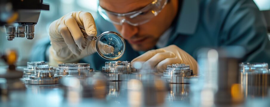 Worker reviewing product defects with a magnifying glass on a lab bench, defect analysis, detailed quality inspection