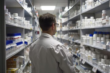 A man in a white lab coat stands in front of a shelf of bottles, generative ai image