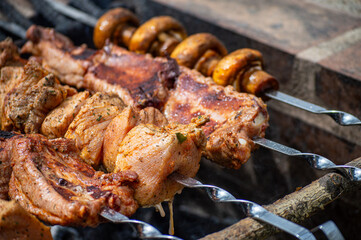 Grilled pieces of pork meat and mushrooms on metal skewers. Shashlik or shish kebab prepared on barbecue grill over hot charcoal with grilled vegetables.