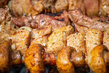 Grilled pieces of pork meat and mushrooms on metal skewers. Shashlik or shish kebab prepared on barbecue grill over hot charcoal with grilled vegetables.