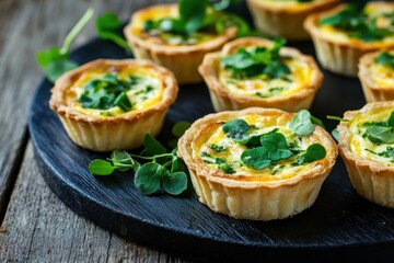 Mini quiches with custard and watercress on a wooden board