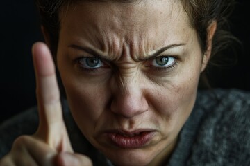 An angry woman points her finger directly forward with a fierce gaze, furrowed brows, and pursed lips. Emotions of powerful determination and focus in a close-up shot.