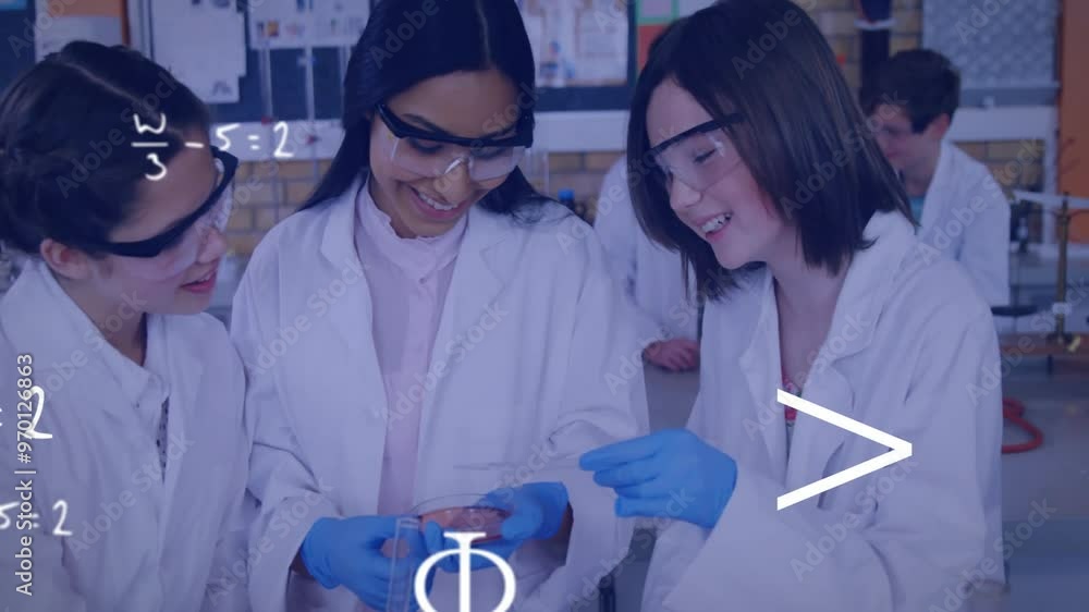 Poster animation of scientific data processing over diverse children scientists in laboratory