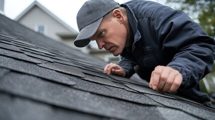 A roofer inspecting a shingle roof for damage