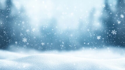Fototapeta premium Winter Wonderland Snowy Landscape Background with Falling Snowflakes and Frosty Pine Trees