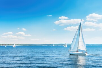 Fototapeta premium Sailing boats on the sea at sunset, with colorful sky reflecting on the water.