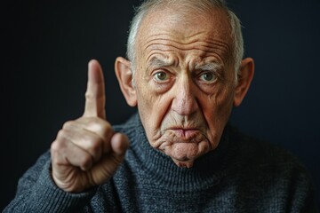 An elderly man with a stern expression points his finger upward. Wearing a grey sweater, he presents an authoritative gesture against a dark background.