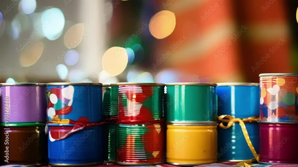 Aufkleber several colorful cans are stacked on top of each other in front of a christmas tree with colorful li
