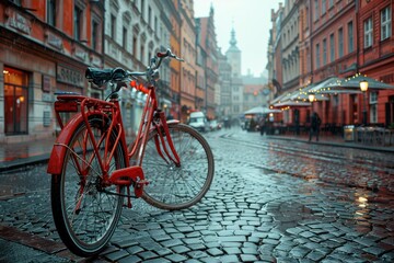 Red vintage bicycle parked on a rainy cobblestone street in a historic old town.
