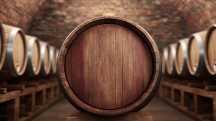 Oak barrel aging process, deep red wine tannins, cellar scene, 3D illustration