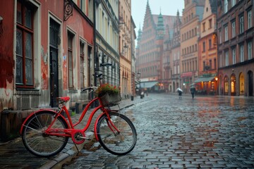 Fototapeta premium Red vintage bicycle parked on a rainy cobblestone street in a historic old town.
