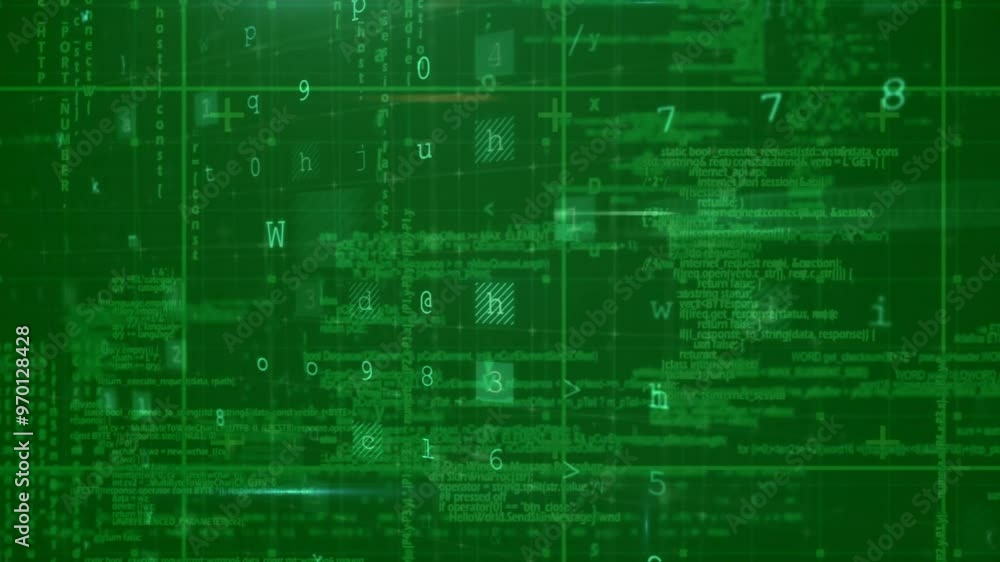 Poster animation of digital data processing over warning text on green background