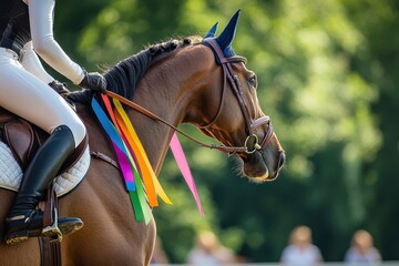 Obraz premium Mystery rider on a sport horse competes outdoors in a summer equitation event with show jumper horse donning an award ribbon Equestrian event