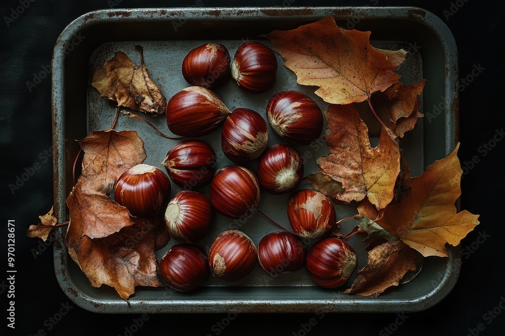 Wall mural Naturally picked chestnuts prepared for roasting and serving on a black background with an autumn vibe