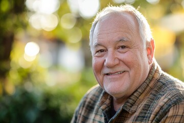 A smiling senior man is seen outdoors in a checkered jacket, radiating joy and warmth, basking in the outdoor light, surrounded by greenery reflecting the beauty of life's simplicity.