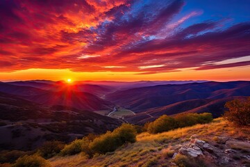 Vibrant sunset over a winding river in the mountains, Stunning dusk sky with fiery clouds and a reflective river.