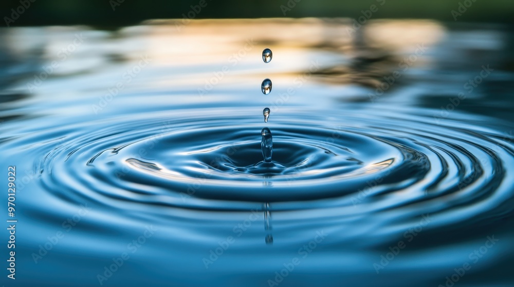 Poster tranquil water droplets creating ripples - serene scene of impact and fluid dynamics