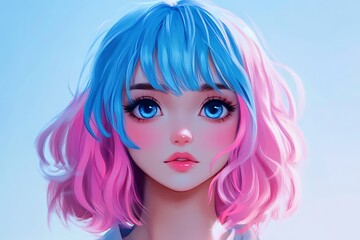 Fototapeta premium Anime girl with pink and blue hair, digital art