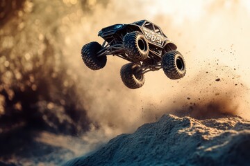 RC monster truck does trick leaps over large sand pile with soft focus and beautiful bokeh