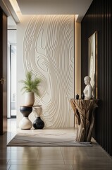 Modern and stylish decoration of a room with vases a sculpture and a 3d wallpaper 