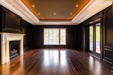 Recently renovated room with wood floors trim tan paint and lights